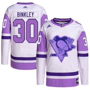Les Binkley Men's Adidas Pittsburgh Penguins Authentic White/Purple Hockey Fights Cancer Primegreen Jersey