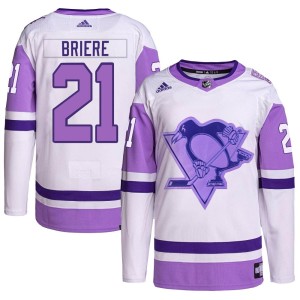 Michel Briere Men's Adidas Pittsburgh Penguins Authentic White/Purple Hockey Fights Cancer Primegreen Jersey