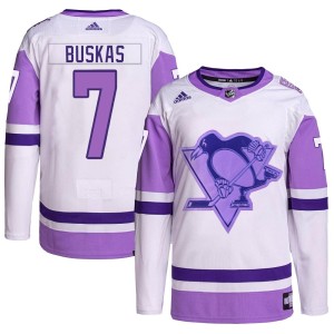 Rod Buskas Men's Adidas Pittsburgh Penguins Authentic White/Purple Hockey Fights Cancer Primegreen Jersey