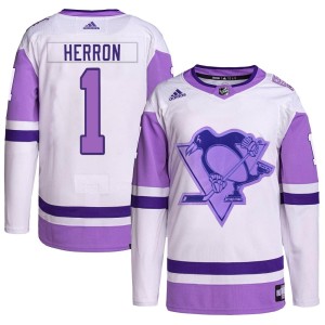 Denis Herron Men's Adidas Pittsburgh Penguins Authentic White/Purple Hockey Fights Cancer Primegreen Jersey