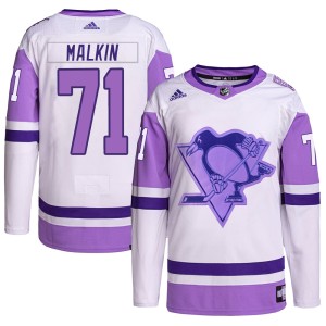 Evgeni Malkin Men's Adidas Pittsburgh Penguins Authentic White/Purple Hockey Fights Cancer Primegreen Jersey