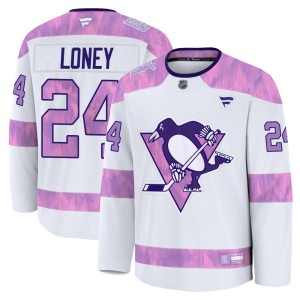 Troy Loney Men's Fanatics Pittsburgh Penguins Premium White 2024 Hockey Fights Cancer Practice Jersey
