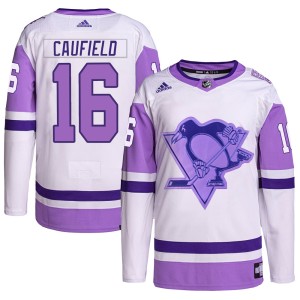 Jay Caufield Youth Adidas Pittsburgh Penguins Authentic White/Purple Hockey Fights Cancer Primegreen Jersey