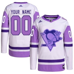 Custom Youth Adidas Pittsburgh Penguins Authentic White/Purple Custom Hockey Fights Cancer Primegreen Jersey