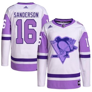 Derek Sanderson Youth Adidas Pittsburgh Penguins Authentic White/Purple Hockey Fights Cancer Primegreen Jersey