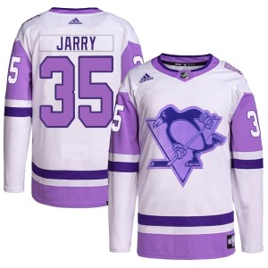 Tristan Jarry Men's Adidas Pittsburgh Penguins Authentic White/Purple Hockey Fights Cancer Primegreen Jersey