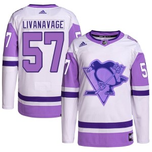 Jake Livanavage Men's Adidas Pittsburgh Penguins Authentic White/Purple Hockey Fights Cancer Primegreen Jersey