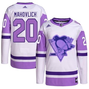 Peter Mahovlich Men's Adidas Pittsburgh Penguins Authentic White/Purple Hockey Fights Cancer Primegreen Jersey