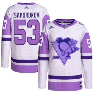 Dmitri Samorukov Men's Adidas Pittsburgh Penguins Authentic White/Purple Hockey Fights Cancer Primegreen Jersey