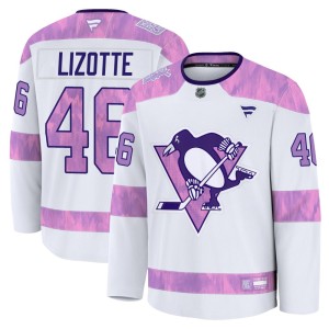 Blake Lizotte Men's Fanatics Pittsburgh Penguins Premium White 2024 Hockey Fights Cancer Practice Jersey