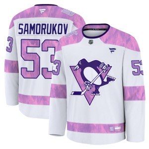 Dmitri Samorukov Men's Fanatics Pittsburgh Penguins Premium White 2024 Hockey Fights Cancer Practice Jersey