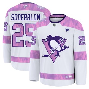 Elmer Soderblom Men's Fanatics Pittsburgh Penguins Premium White 2024 Hockey Fights Cancer Practice Jersey