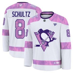 Dave Schultz Youth Fanatics Pittsburgh Penguins Premium White 2024 Hockey Fights Cancer Practice Jersey