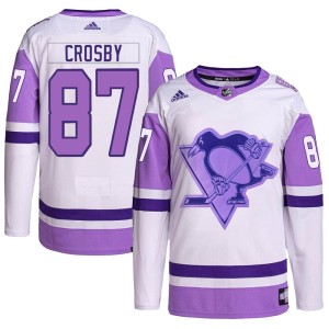 Sidney Crosby Youth Adidas Pittsburgh Penguins Authentic White/Purple Hockey Fights Cancer Primegreen Jersey