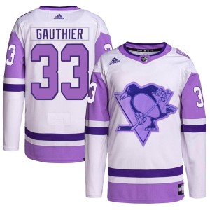 Taylor Gauthier Youth Adidas Pittsburgh Penguins Authentic White/Purple Hockey Fights Cancer Primegreen Jersey