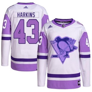 Jansen Harkins Youth Adidas Pittsburgh Penguins Authentic White/Purple Hockey Fights Cancer Primegreen Jersey