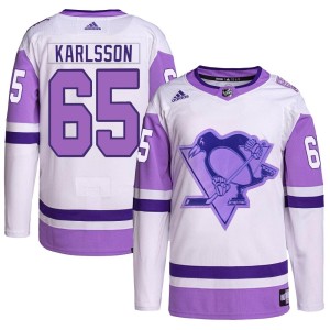 Erik Karlsson Youth Adidas Pittsburgh Penguins Authentic White/Purple Hockey Fights Cancer Primegreen Jersey