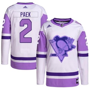 Jim Paek Youth Adidas Pittsburgh Penguins Authentic White/Purple Hockey Fights Cancer Primegreen Jersey