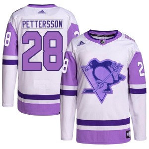 Marcus Pettersson Youth Adidas Pittsburgh Penguins Authentic White/Purple Hockey Fights Cancer Primegreen Jersey