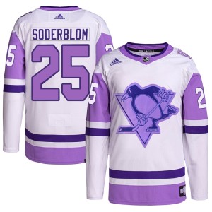 Elmer Soderblom Youth Adidas Pittsburgh Penguins Authentic White/Purple Hockey Fights Cancer Primegreen Jersey